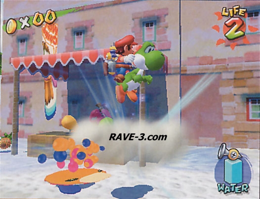 Super Mario Sunshine screenshot. Mario is sitting on Yoshi.